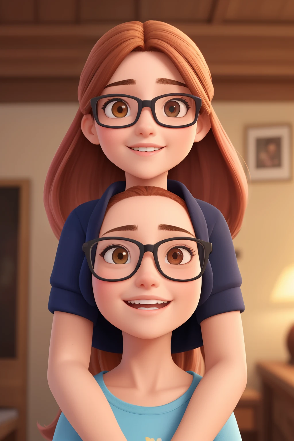 Uma mulher de 7 anos, com longos cabelos castanhos, Rosto redondo, sorriso encantador, e olhos castanhos, wearing glasses.