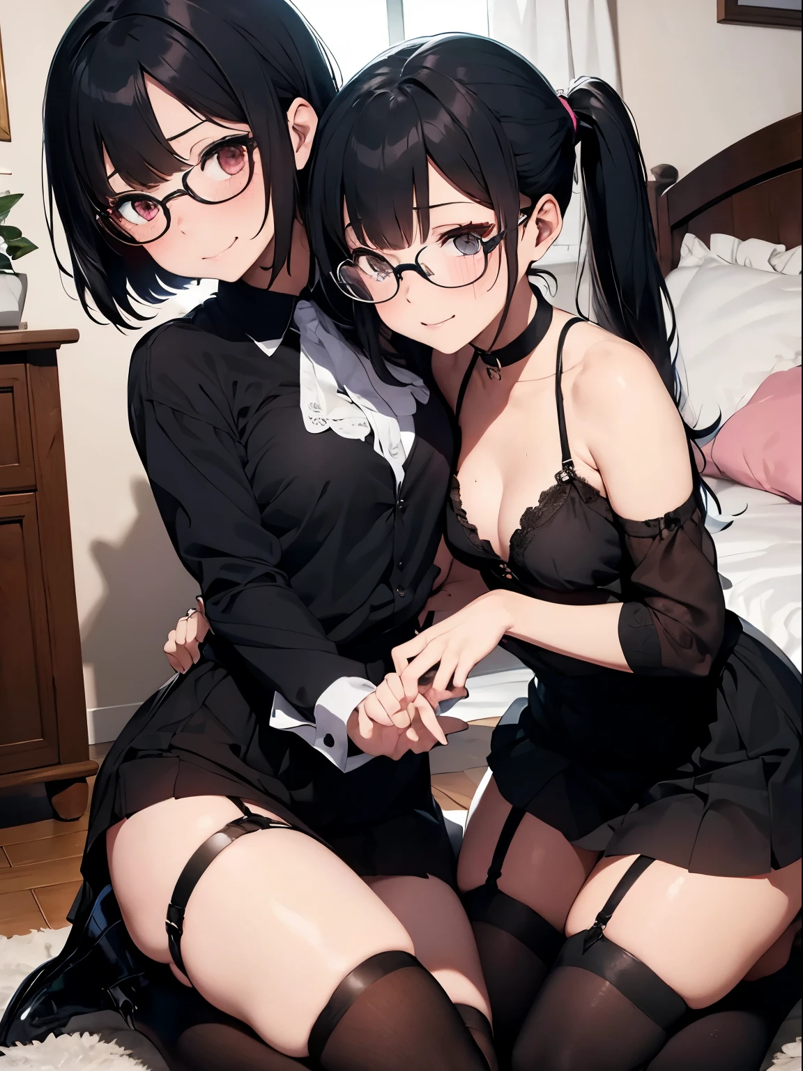 deep kissing 2 girl,lesbian,white skin,black lips,black hair,blunt cut bangs,twin tail,goth makeup style,goth clothes,long skirt,open clothes,glasses,garter belt,black high heel boots,small breasts,seductive smile,sweat,rolling eyes, tears,saliva trail, lesbian,yuri,deep kiss,indoors,on bed,lesbian sex