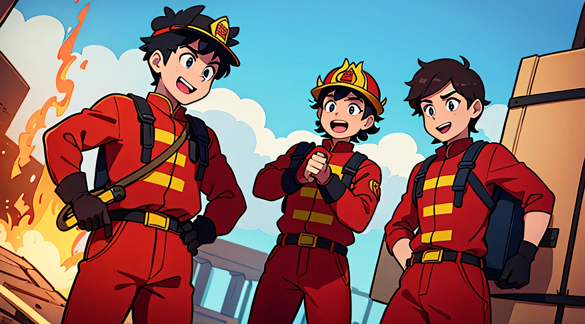 make a group of 4 male firefighters with fire hose, capacete e equipamentos, Estilo 2D, Disney