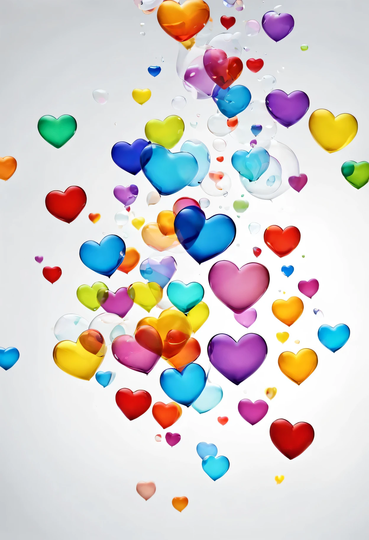 multicolored heart bubbles floating in the air, plain background, high definition, best quality