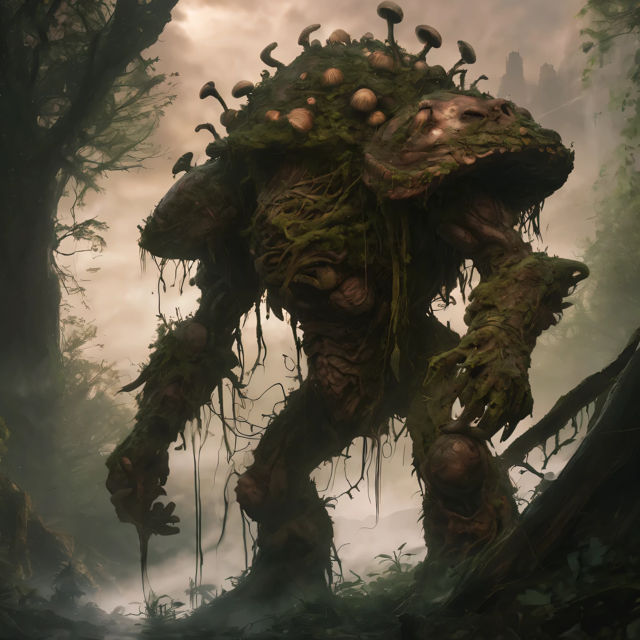 (best quality,4k,8k,highres,masterpiece:1.2),ultra-detailed,(realistic,photorealistic,photo-realistic:1.37),chaos marine of Nurgle,strolls,forest,mushroom blighted,decay,bloated demons,playful,atmospheric,haunting,twisted,macabre,ominous,dark colors,distorted perspective,putrid,misty,thick,heavy,uncanny,nightmarish,rotting,miasma,haunting presence,monstrous,cursed,corrupted,disfigured,trapped souls,overgrown roots,giant mushrooms,dismal backdrop,twisted branches,decaying foliage,glowing mushrooms,gooey substances,saturated colors,morbid charm,unnatural growth,ethereal,creeping vines,murky atmosphere,silent footsteps,corroded armor,agonizing transformation,stagnant air,shrieking whispers,shadows lurking,unsettling ambiance,anganizing agony.