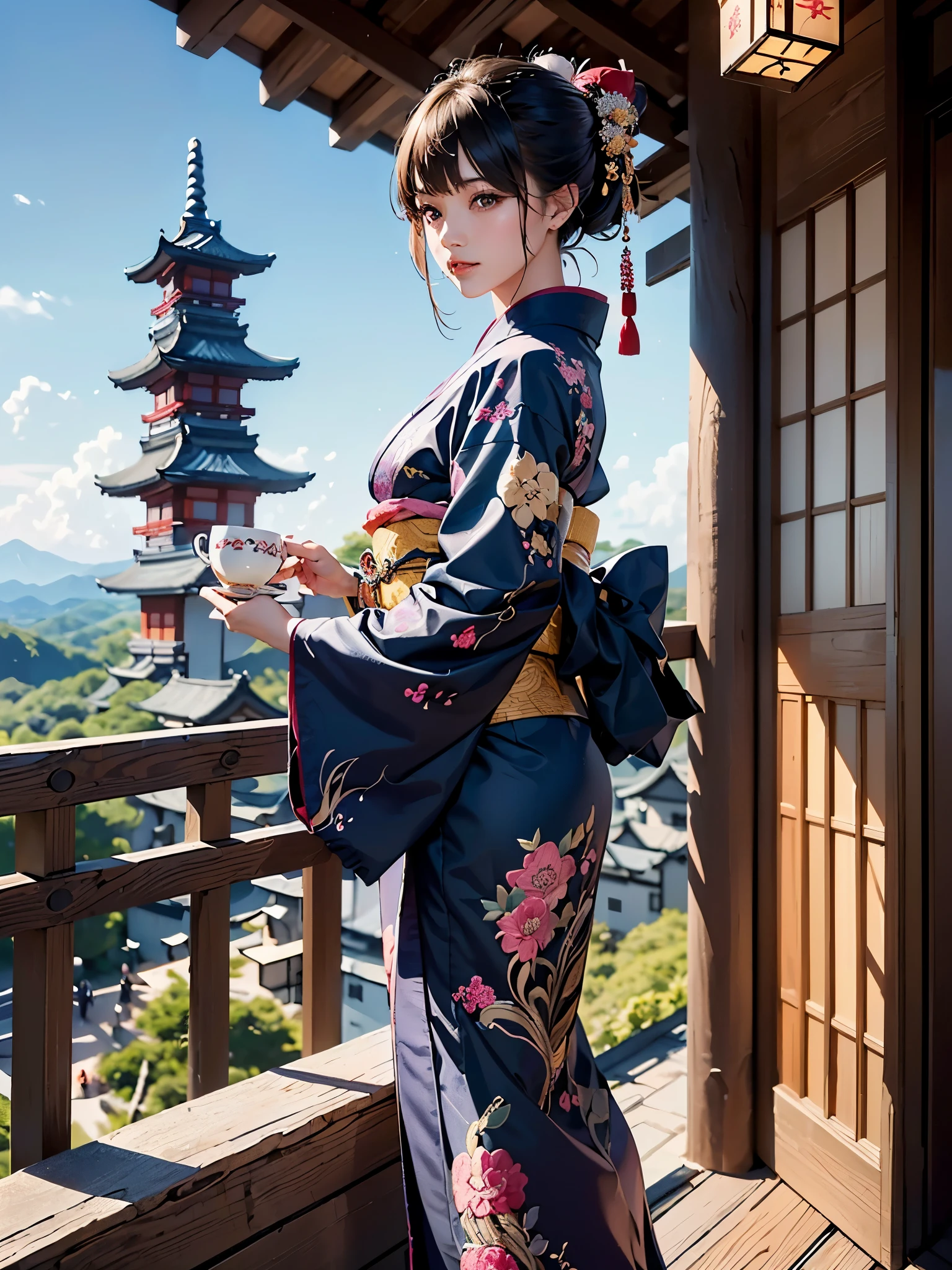 (masterpiece, top quality, best quality, official art, beautiful and aesthetic:1.2), (1girl),elaborate costume(Luxurious Japan kimono(Colorful kimono(detailed embroidery))), extreme detailed,(Fractal art),colorful,highest detailed,昼間のWestern castle in the background,having a tea party,