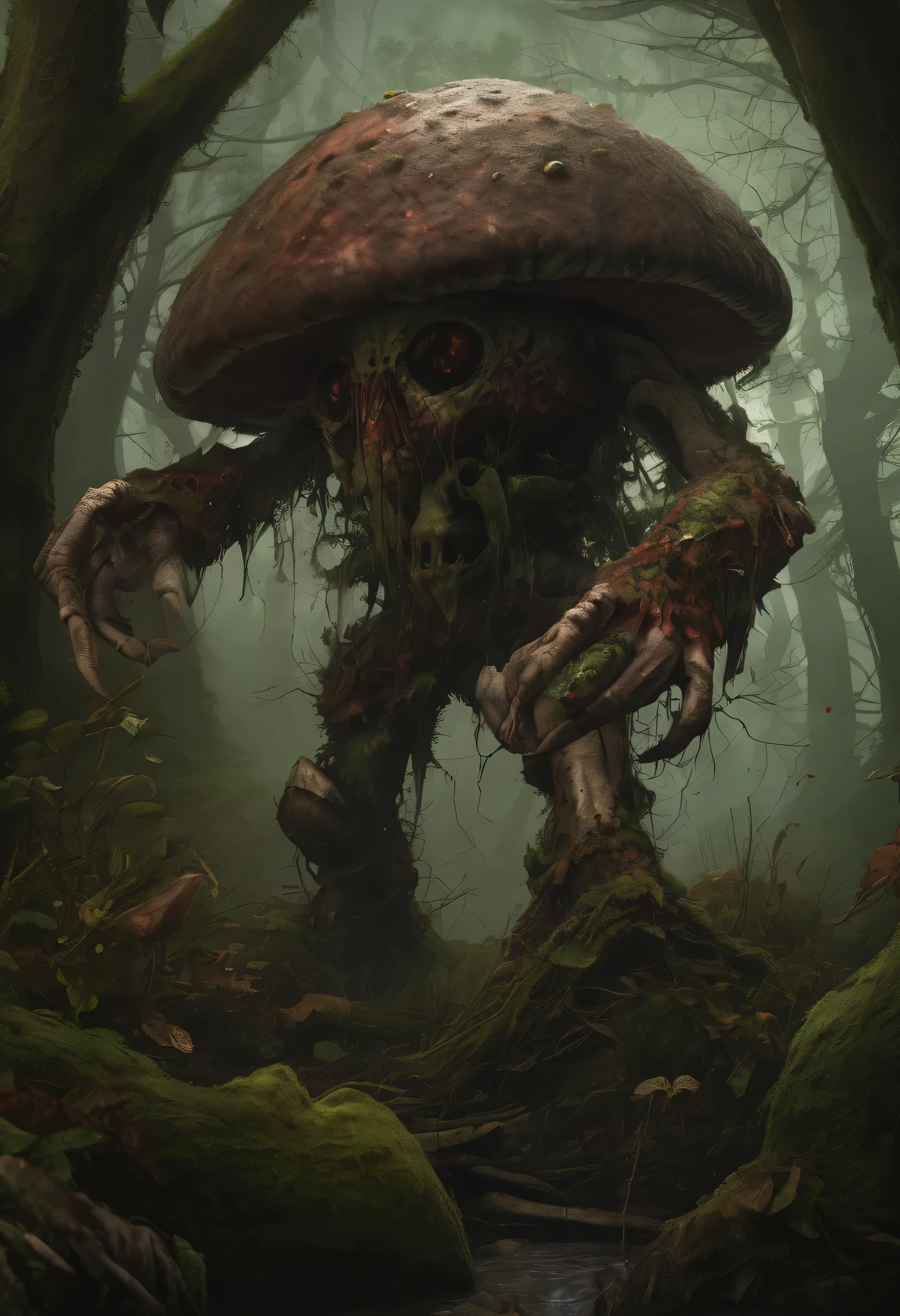 (best quality,4k,8k,highres,masterpiece:1.2),ultra-detailed,(realistic,photorealistic,photo-realistic:1.37),chaos marine of Nurgle,strolls,forest,mushroom blighted,decay,bloated demons,playful,atmospheric,haunting,twisted,macabre,ominous,dark colors,distorted perspective,putrid,misty,thick,heavy,uncanny,nightmarish,rotting,miasma,haunting presence,monstrous,cursed,corrupted,disfigured,trapped souls,overgrown roots,giant mushrooms,dismal backdrop,twisted branches,decaying foliage,glowing mushrooms,gooey substances,saturated colors,morbid charm,unnatural growth,ethereal,creeping vines,murky atmosphere,silent footsteps,corroded armor,agonizing transformation,stagnant air,shrieking whispers,shadows lurking,unsettling ambiance,anganizing agony.