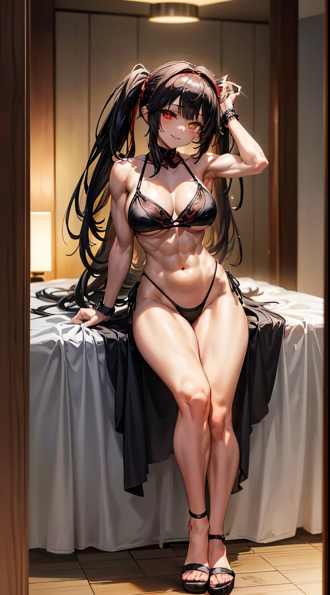1 girl, bare shoulders, black hair, medium breasts, (muscular legs), muscular belly, wide hips, thin waist, (((clock eyes))), (wearing a very short and sexy bikini), (((in the bedroom from motel))), full body, hair band, (with her back to me showing her big ass to me), heterochromia, black high heel shoes, ta hair band, long hair, Looking at the Viewer, red eyes, smile, alone, symbol-shaped pupils, (Kurumi Tokisaki), twintails, yellow eyes,