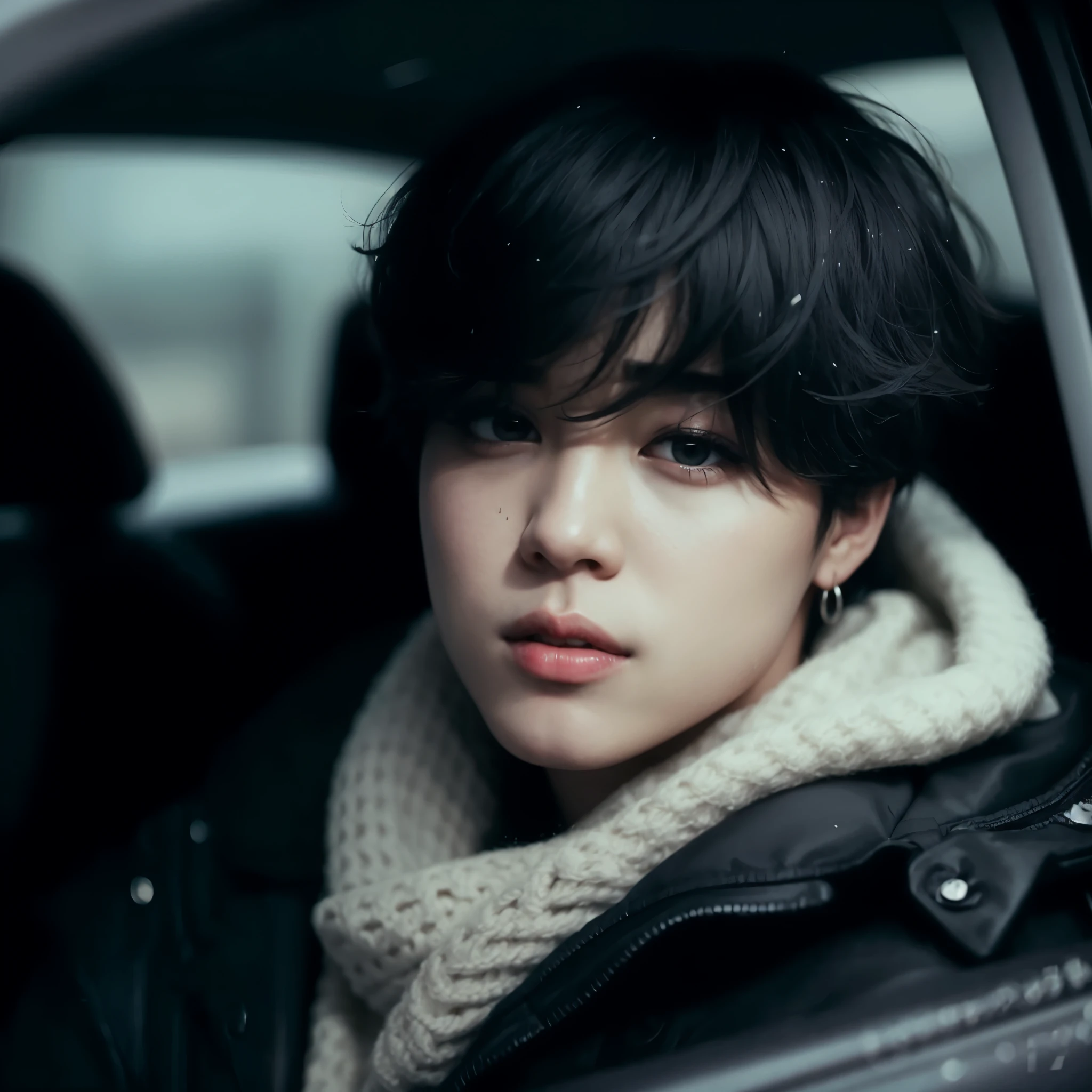 park jimin sitting in a car with a scarf, park Jimin, Jimin\Plump lips, Jimin, accurate Jimin face, Jimin\Nariz grego, Jimin\'s right eyelid swollen, Jimin de cabelos pretos, beautiful young prince, Bts, jiminadorable korean face, labios rechonchudos, boca fechada