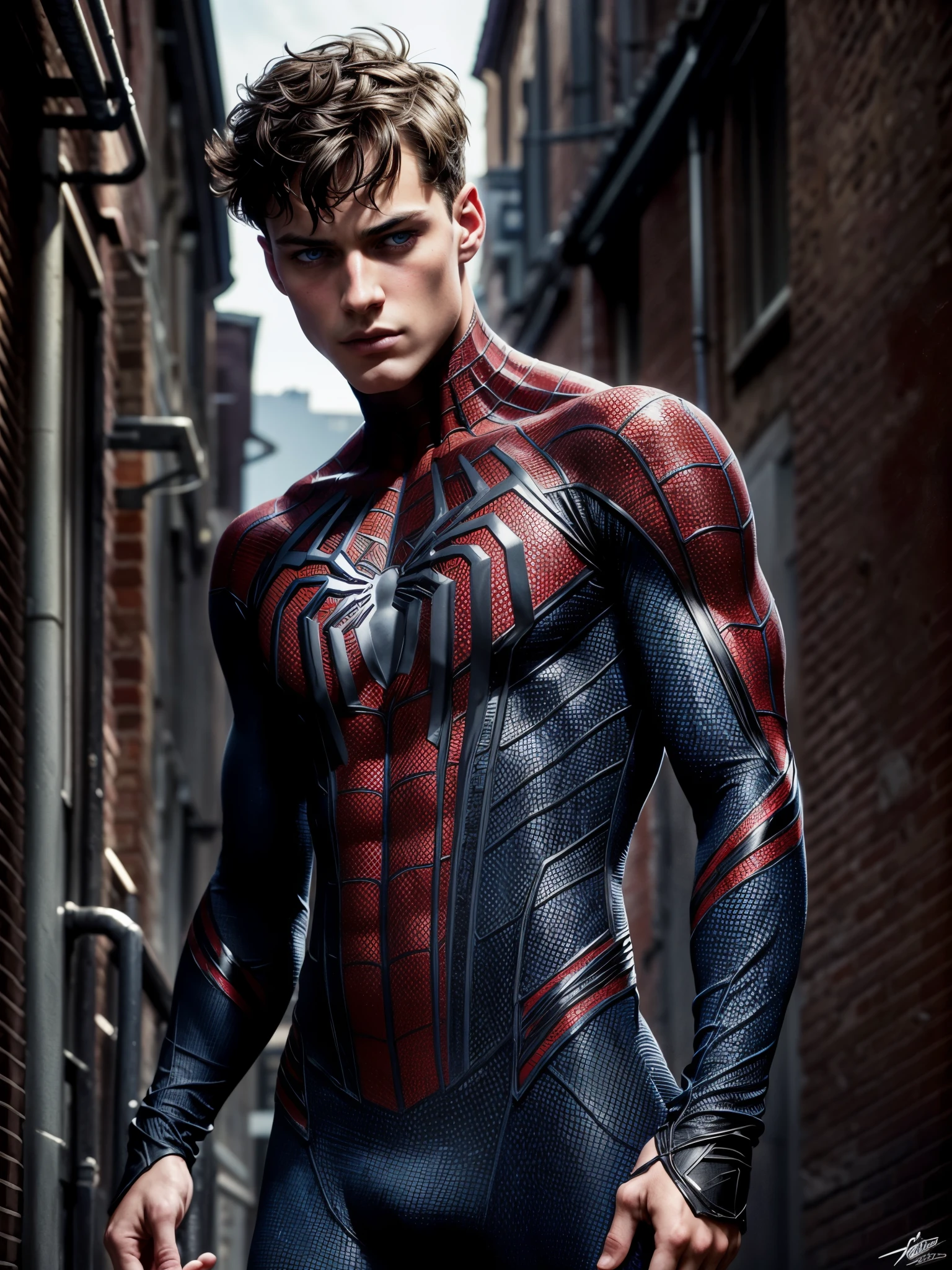 masterpiece, best quality, ultra-detailed, high resolution, extremely detailed, (full body shot:1.3), portrait of a 18 year old of a masculine male model, strong jaw line, young handsome man with a blue eyes, messy short dark hair, wavy hair, muscular, fit body, dark but detailed digital art, wearing a tight spider-man suit, tight fit spider man suit, spider man gloves, in a dark alley, detailed digital painting, detailed fanart, handsome guy slayer art, high detailed, digital painting, detailed portrait, inspired by Alexis Grimou, hyper detail portrait, dark atmosphere, dark night,
