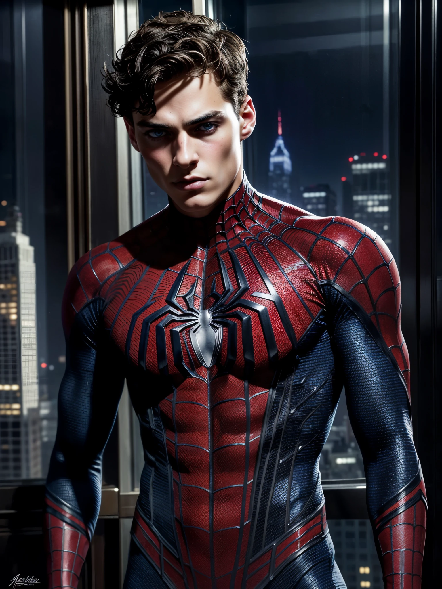 masterpiece, best quality, ultra-detailed, high resolution, extremely detailed, (full body shot:1.3), portrait of a 18 year old of a masculine male model, strong jaw line, young handsome man with a blue eyes, messy short dark hair, wavy hair, muscular, fit body, dark but detailed digital art, wearing a tight spider-man suit, tight fit spider man suit, spider man gloves, at the top of the empire state building, detailed digital painting, detailed fanart, handsome guy slayer art, high detailed, digital painting, detailed portrait, inspired by Alexis Grimou, hyper detail portrait, dark atmosphere, dark night,