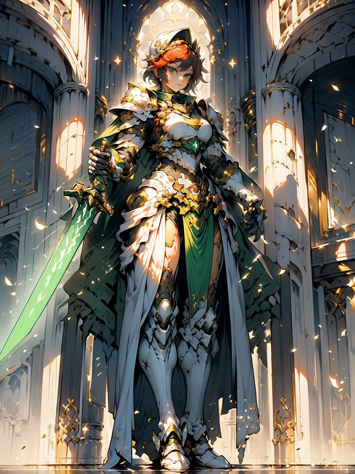 1Woman. Wild short red hair. Green eyes. Heavy armor in silver, gold and green. Flowing cape. Stern expression. Soft smile. In a fortress of white stone. On top of a staircase. Looking down at the viewer. Sword and shield. Strong wind. Row of pillars. Divine light.