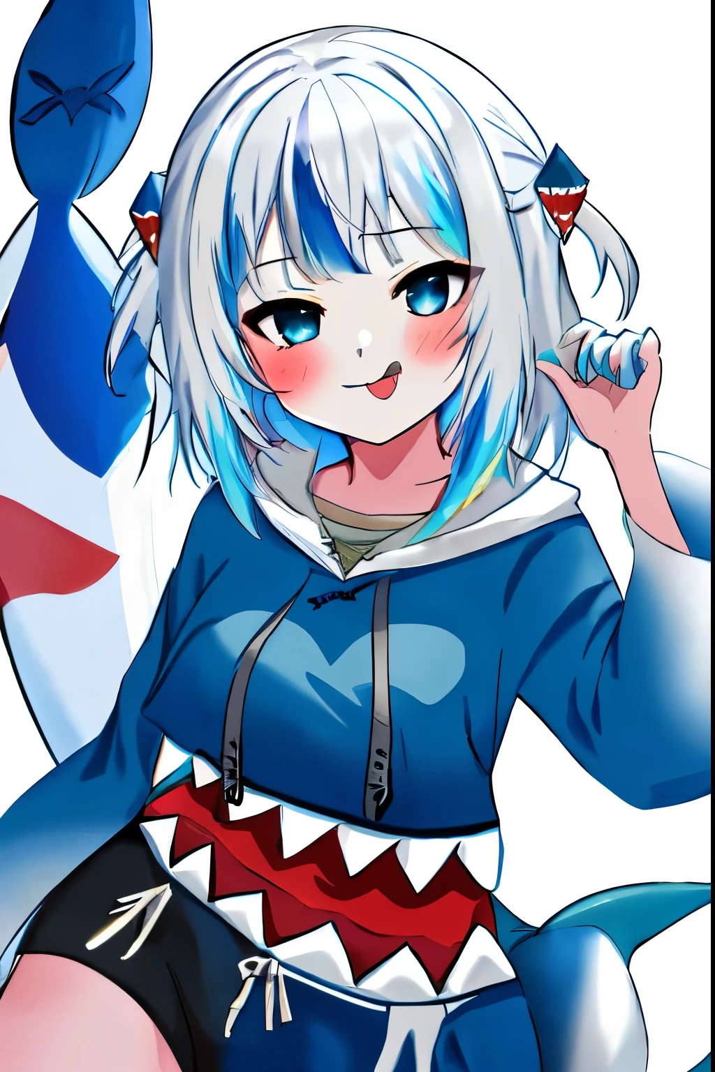 1girl absurdres animal_costume black_shorts blue_eyes blue_hair blue_hoodie blush breasts fins fish_tail gawr_gura gawr_gura_(1st_costume) grey_hair hair_ornament highres hololive hololive_english hood hoodie looking_at_viewer medium_hair multicolored_hair shark_costume shark_girl shark_hair_ornament shark_tail shorts small_breasts smile solo sora-wo-tomo streaked_hair tail tongue tongue_out two_side_up virtual_youtuber white_background