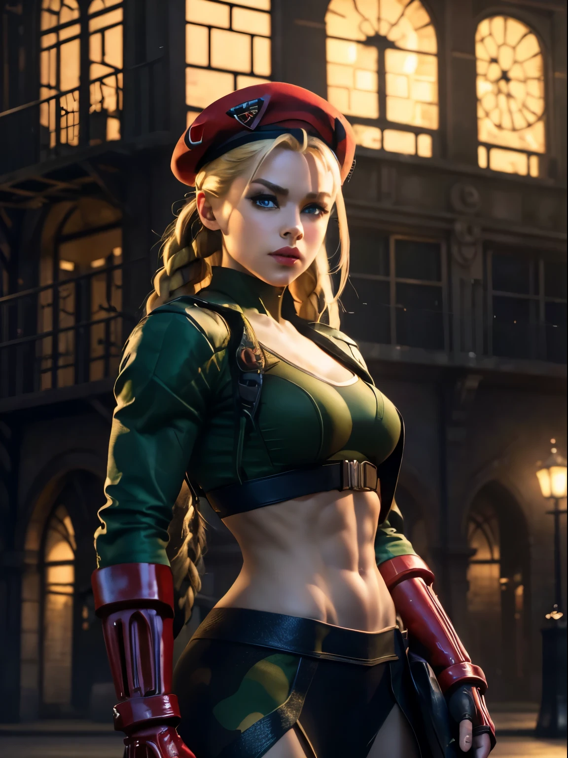 "(exquisitely detailed CG unity 8k wallpaper, masterpiece-quality with stunning realism), (best illumination, best shadow), (best quality), (elegant style:1.2), Arti modern anime. angled view, heroic pose, closeup full body portrait of stunningly beautiful cammy from street fighter, Masterpiece, best quality, highres, mature Cammy white, twin braids, long hair, blonde hair, antenna hair, (red beret headwear:1), blue eyes, scar on cheek, green military leotard, green military skirt, red gloves, fingerless gloves, camouflage, (fully clothed:1), abs, depth of field blur effect, night, full zoom, action portrait, photorealistic. cinematic lighting, highly detailed. best quality, 4k, (Better hand:1), (blonde hair:1) (red nail-polish:1), (red lips:1) (makeup:1) perfect anatomy, leaning forward, foreshortening effects, coy flirty sexy expression, foreshortening effect, (piercing eyes:1), surrounded by an ominous and dark atmosphere, accentuated by dramatic and striking lighting, imbued with a sense of surreal fantasy". (wearing military boots:0.5), (resting in london city MI6 in the morning:1.3) (wearing a British Military jacket:1) (mature:0.5)