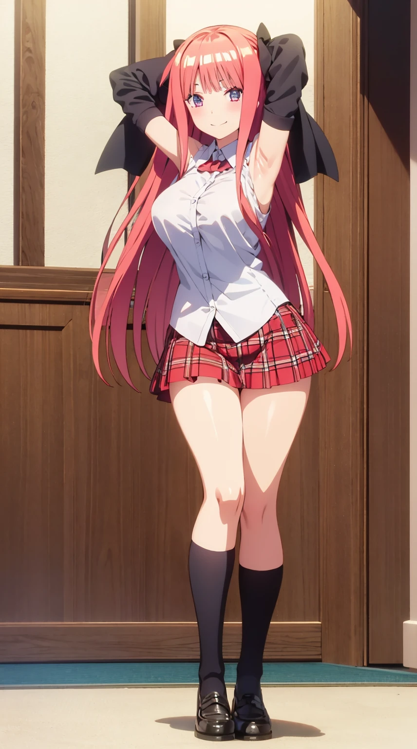 masterpiece, highest quality, High resolution, kousaka tamaki , sailor suit、skirt,Sheer knee socks,female student、evil laughter、Looks like a whole body、school stairs、kousaka tamaki lifts her skirt and shows off her panties、Pink panties in satin fabric、open your legs