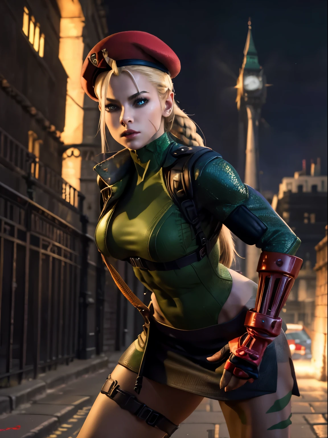 "(exquisitely detailed CG unity 8k wallpaper, masterpiece-quality with stunning realism), (best illumination, best shadow), (best quality), (elegant style:1.2), Arti modern anime. angled view, heroic pose, closeup full body portrait of stunningly beautiful cammy from street fighter, Masterpiece, best quality, highres, mature Cammy white, twin braids, long hair, blonde hair, antenna hair, (red beret headwear:1), blue eyes, scar on cheek, green military leotard, green military skirt, red gloves, fingerless gloves, camouflage, (fully clothed:1), abs, depth of field blur effect, night, full zoom, action portrait, photorealistic. cinematic lighting, highly detailed. best quality, 4k, (Better hand:1), (blonde hair:1) (red nail-polish:1), (red lips:1) (makeup:1) perfect anatomy, leaning forward, foreshortening effects, coy flirty sexy expression, foreshortening effect, (piercing eyes:1), surrounded by an ominous and dark atmosphere, accentuated by dramatic and striking lighting, imbued with a sense of surreal fantasy". (wearing military boots:0.5), (resting in london city MI6 in the morning:1.3) (wearing a British Military jacket:1) (mature:0.5)