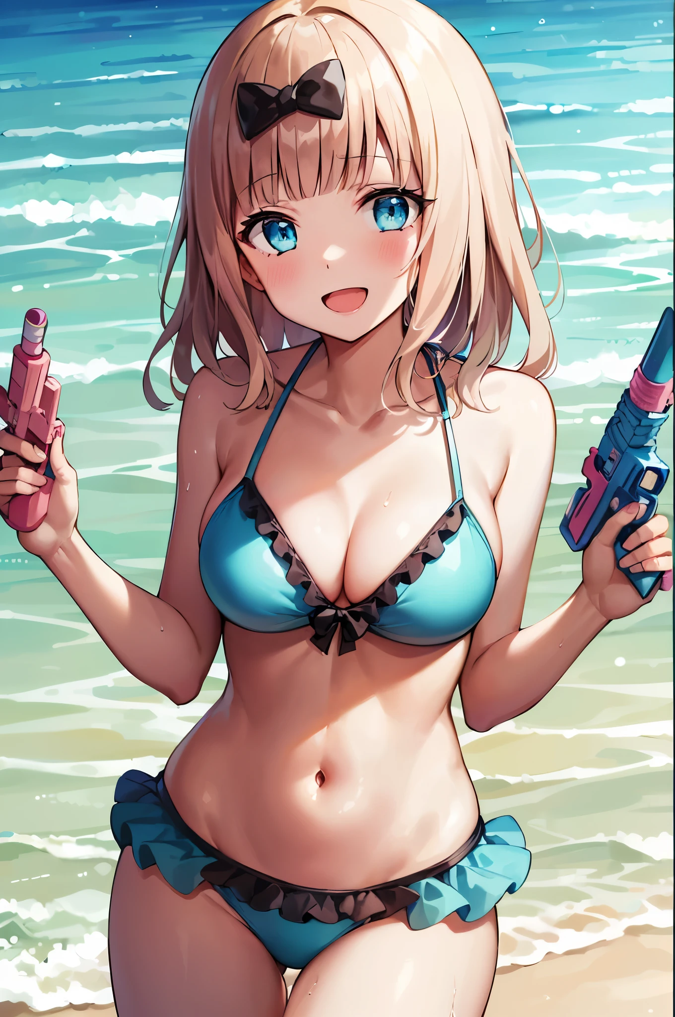 2D, ​masterpiece, top-quality, animesque, ighly detailed, cowboy  shot, 1girl in, 独奏, fujiwara chika, blue eyess, A pink-haired, Hair Bow, Black bow, (Light blue bikini:1.3), (with frills:1.3), (water gun:1.3), Beach background, The best smile, open open mouth,