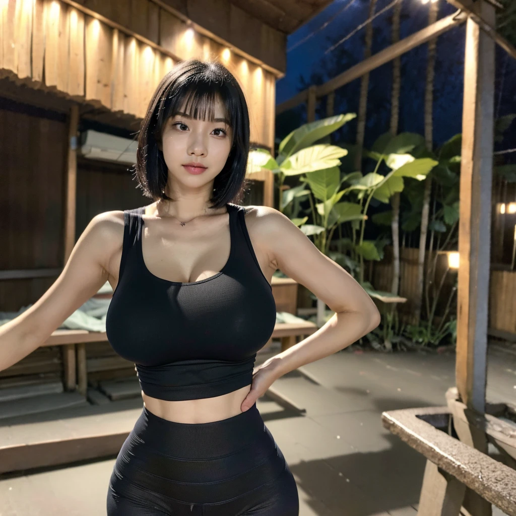 nsfw,(best quality, highres, ultra-detailed), realistic, HDR, professional, vivid colors, bokeh, 21years,Japanese woman, short black hair, slanted eyes, lowered eyebrows, thin chin, slightly muscular body,A woman running at night,wearing yoga pants and a tank top that clearly show off her body shape.