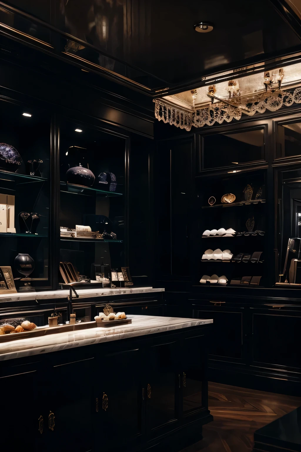 Generate an aesthetically pleasing image with dark tones that captures the sophisticated and inviting atmosphere of a shopping environment. Use a dark color palette, such as navy blue, deep purple, and dark green, to create a sense of elegance. Highlight key elements, such as shelves, products, and soft lighting, to convey the ambiance of a luxurious shopping space. Add refined details, like subtle textures and reflections, to enrich the visual composition. Ensure a balance of contrast and lighting to create an image that is both visually pleasing and evocative of a nighttime, sophisticated