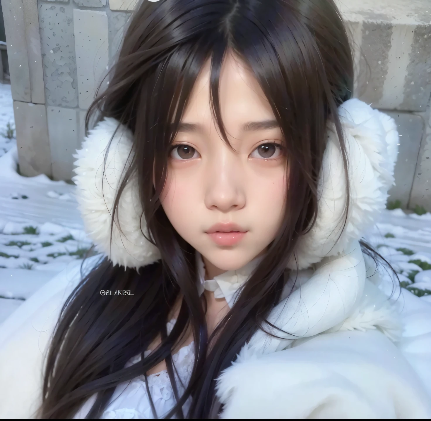 un primer plano de una joven que llevaba una bata blanca y un sombrero peludo, ulzzang, Wan adorable cara coreana, dilraba dilmurat, Chica coreana, Chica de anime en la vida real, pale snow white skin, Lalisa Manobal, Joven y adorable rostro coreano, young cute wan asian face, en la nieve, Peinado blanco de corte hime, Chiho