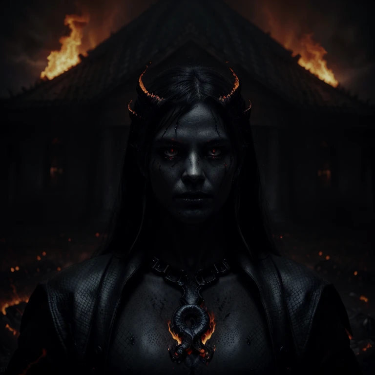 (black serpents,flames of hell,inferno,ominous atmosphere,fiery background,creepy atmosphere,demonic presence,dark shadows,smoke and fire,menacing,ominous eyes,serpents slithering,forthcoming doom) (dark and dramatic lighting) (surreal art:1.1,gloomy art:0.9) (vivid colors) (highres,ultra-detailed:1.2)