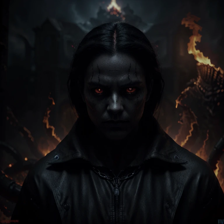 (black serpents,flames of hell,inferno,ominous atmosphere,fiery background,creepy atmosphere,demonic presence,dark shadows,smoke and fire,menacing,ominous eyes,serpents slithering,forthcoming doom) (dark and dramatic lighting) (surreal art:1.1,gloomy art:0.9) (vivid colors) (highres,ultra-detailed:1.2)