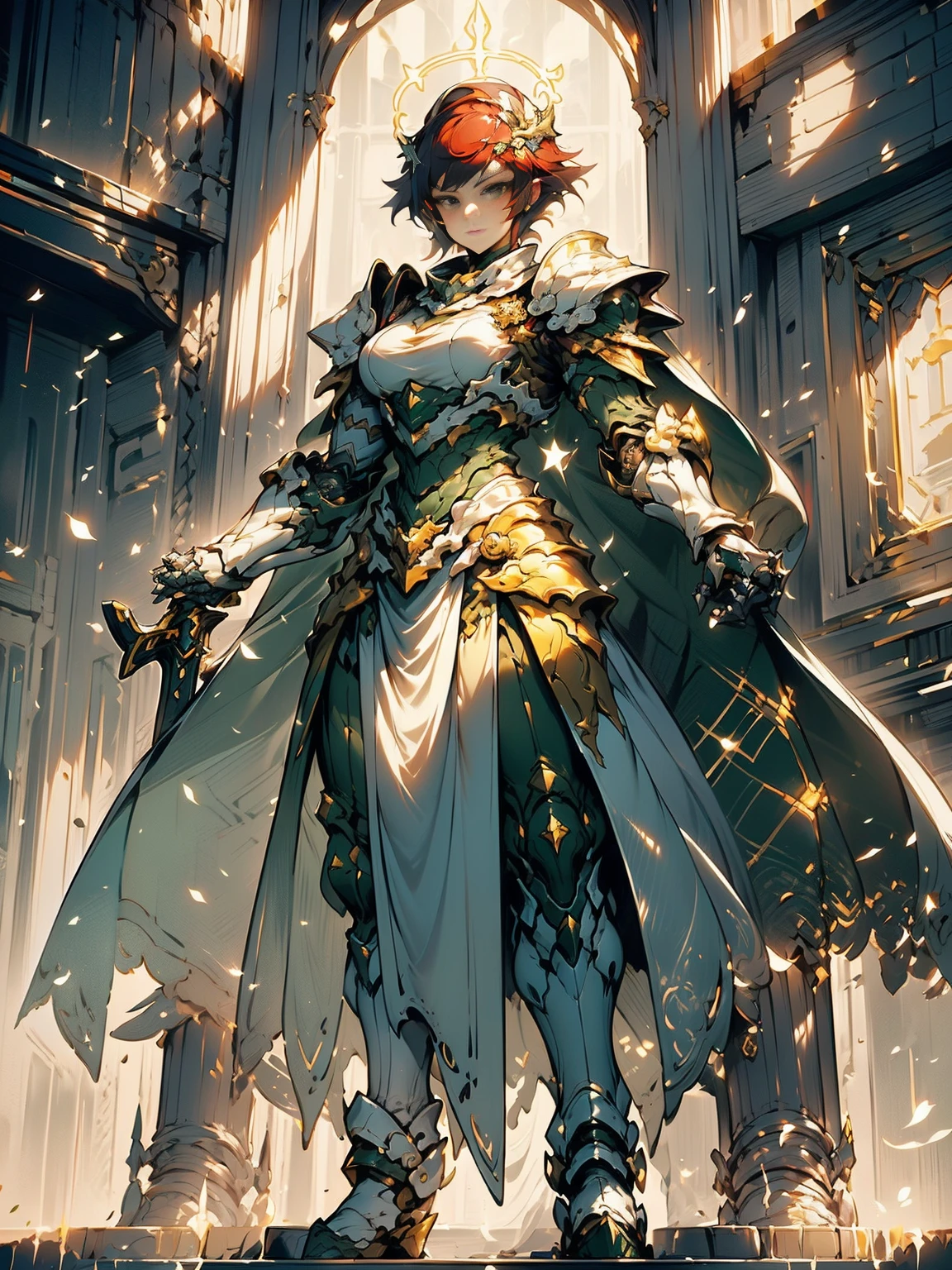 1Woman. Wild short red hair. Green eyes. Heavy armor in silver, gold and green. Flowing cape. Stern expression. Soft smile. In a fortress of white stone. On top of a staircase. Looking down at the viewer. Sword and shield. Strong wind. Row of pillars. Divine light. Dynamic action pose. Reaching out with one hand.