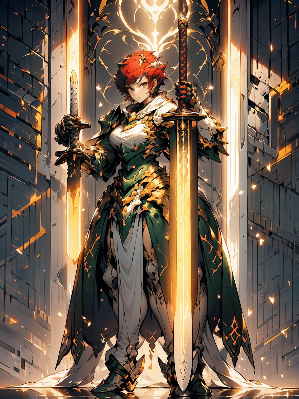 1Woman. Wild short red hair. Green eyes. Heavy armor in silver, gold and green. Flowing cape. Stern expression. Soft smile. In a fortress of white stone. On top of a staircase. Looking down at the viewer. Sword and shield. Strong wind. Row of pillars. Divine light. Dynamic action pose. Reaching out with one hand.