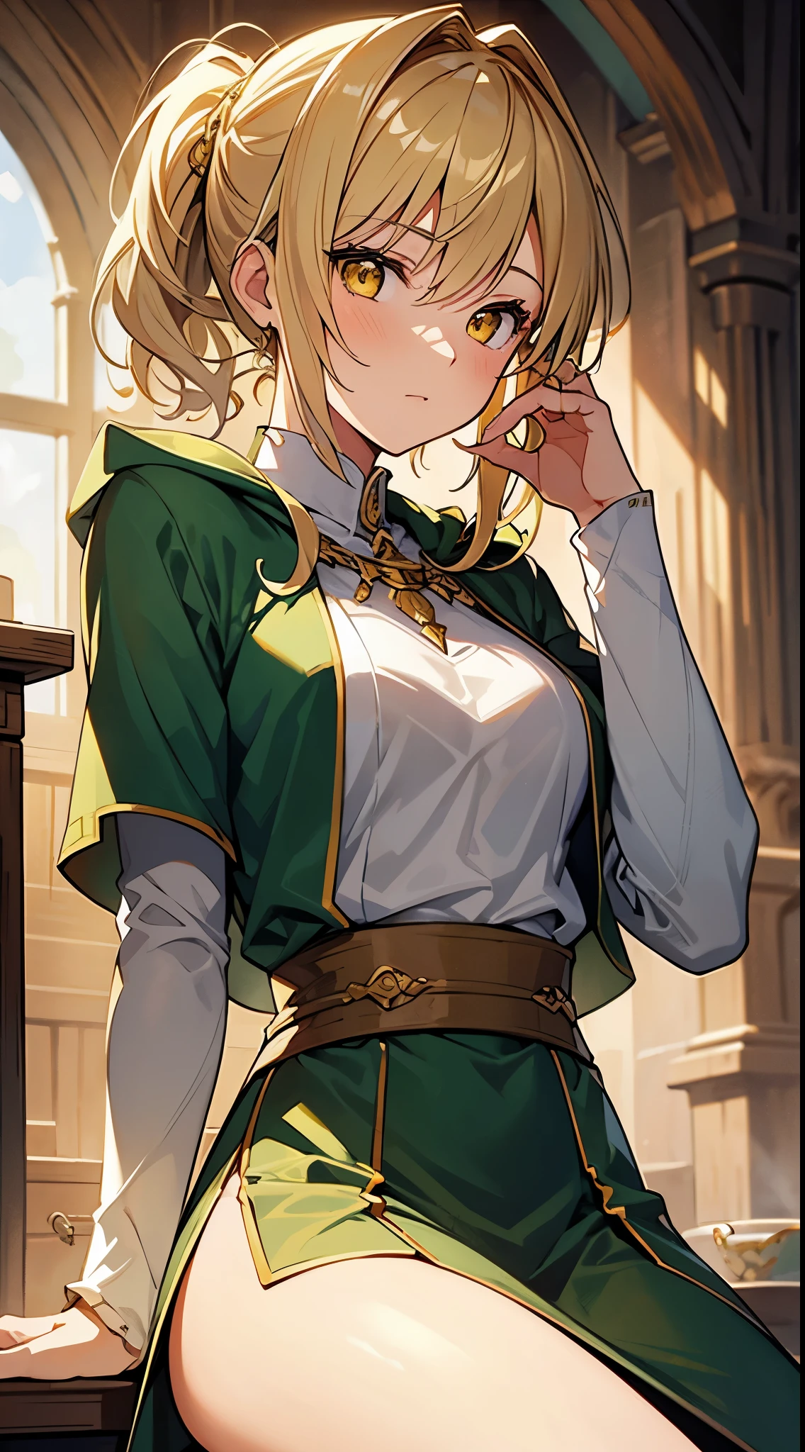 [masterpiece, ultra-detailed, best quality, soft skin, beautiful] blonde hair, yellow eyes, green adventurer cloak, hairpin, medium hair, hair-up, fit body, dynamic angle, sitting down, medieval inn background, hardened expression.