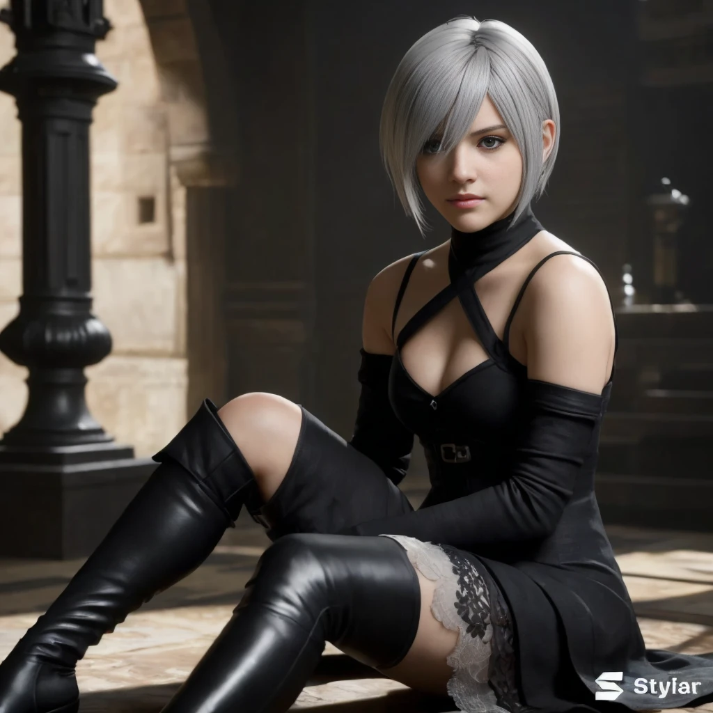 "2b nier automata" (best quality:1.2,Altas,ultra-detalhado,Realistic),(2 garotas lindos olhos detalhados,beautiful detailed lips,olhos e rosto extremamente detalhados,long eyeslashes),(3D rendering),(venda preta sobre os olhos),(Corpo Perfeito),(ultra-Realistic texture),(Retratos),(vivid colors),(studio lighting), expression serious