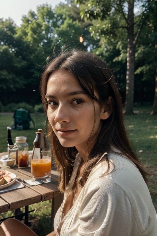 photorealistic, best quality, hyper detailed, European young family of 4 people, sitting in park, behind picnic table, outdoors, (midday), nature outside city, real life nature, no direct sun, (cheerful, happy), big tend behind the family, mother pour juice to children’s glass, trees and some rocks behind, wood far behind, light smoke coming from grill, light fog in distance close to wood, clear sky, analog style, looking at viewer, skin texture, film grain, close up, ultra high res, best shadow, RAW, instagram