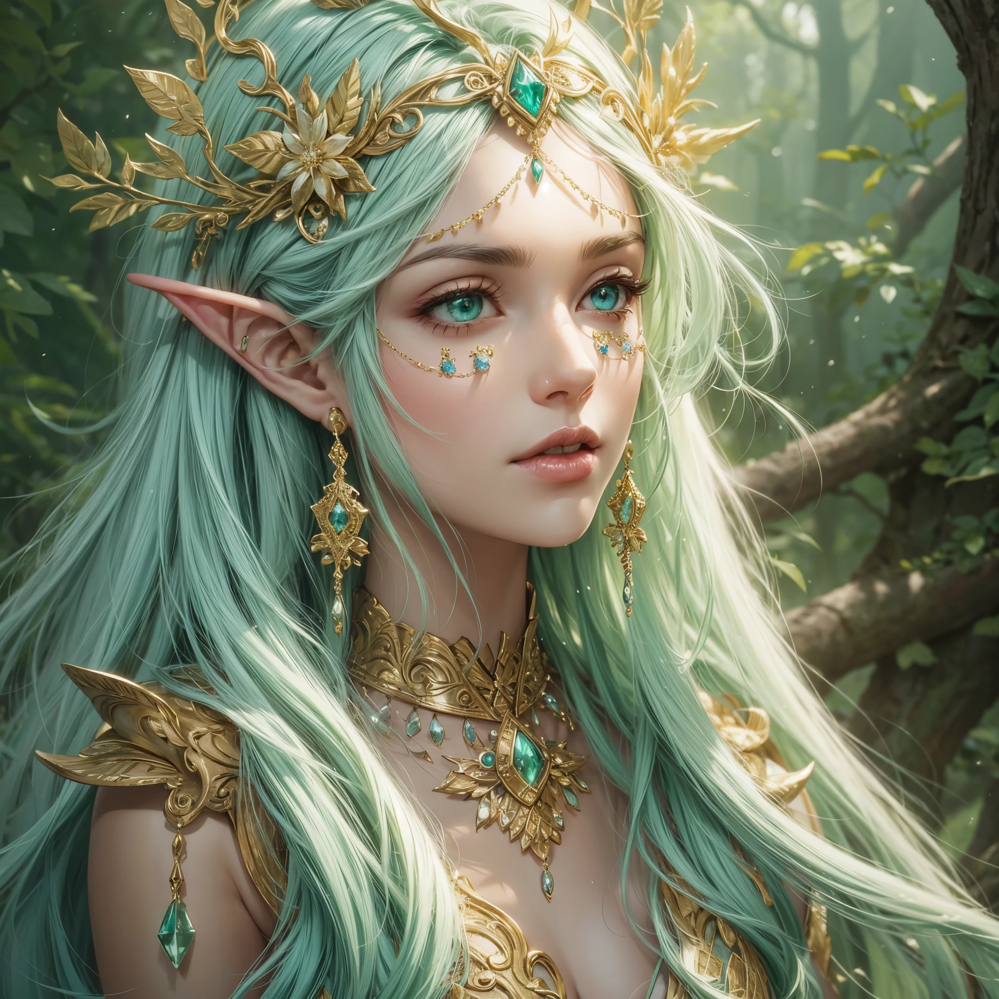 Mystical elf, enchanted forest, close-up revealing otherworldly charm, adorned with intricate gold and silver jewelry, jewels catching the light, light green hair flowing delicately, 1:1 format, soft ethereal glow, fantasy illustrator, detailed and ethereal digital illustration, close-up portrait, gold, silver, and light green color scheme, high-quality and detailed computer graphics, artistic and enchanting quality.