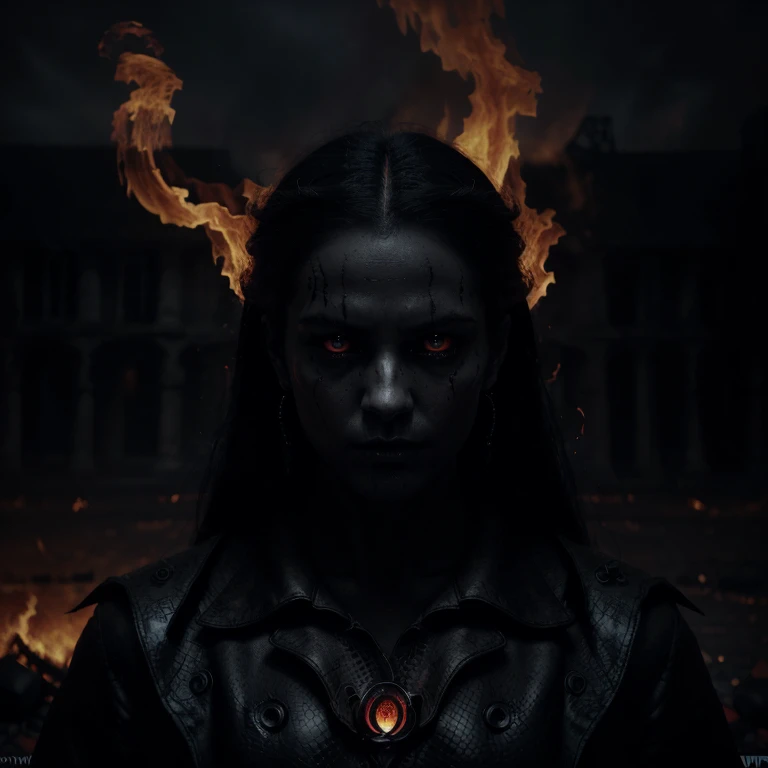 (black serpents,flames of hell,inferno,ominous atmosphere,fiery background,creepy atmosphere,demonic presence,dark shadows,smoke and fire,menacing,ominous eyes,serpents slithering,forthcoming doom) (dark and dramatic lighting) (surreal art:1.1,gloomy art:0.9) (vivid colors) (highres,ultra-detailed:1.2)