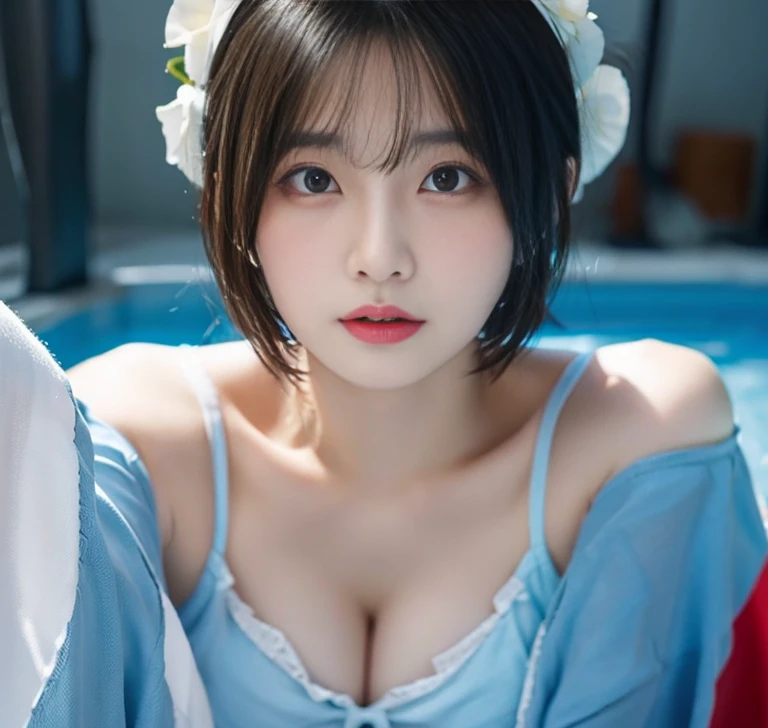 (ultra-detailliert、Top image quality、Raw photo)、Light blue bikini、A detailed eye、detailed lips、huge tit、Red cheeks、short-cut
