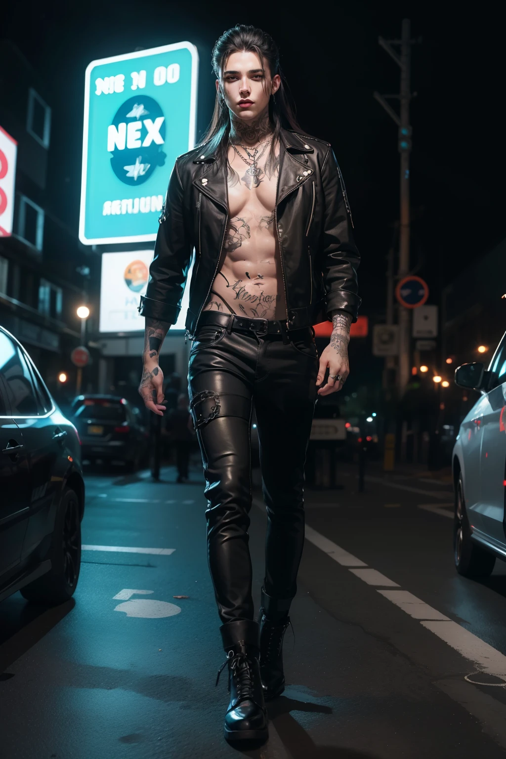 Gothic man, handsome, punk style, full body, long hair, tattoos, full body, on a night background with neon lights, 18 years old