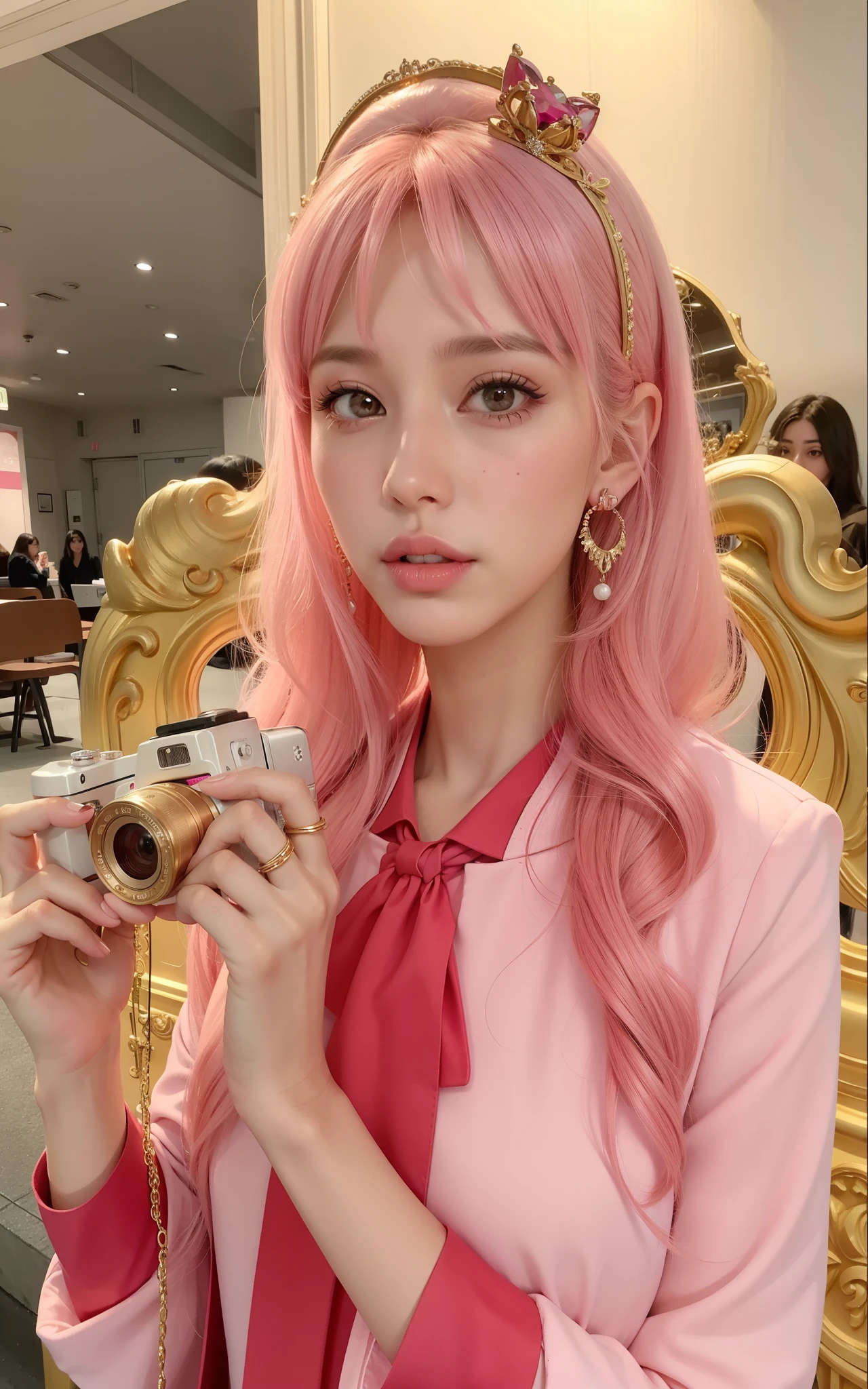 araffe con cabello rosado holding a camera and a gold purse, long cabello rosado que fluye, Hermosa Delphine, cabello rosado que fluye, inspirado en Ivana Kobilca, Cabello rosa tenue, con cabello rosado, inspirado por David LaChapelle, Irina Nordsol Kuzmina, Pelo largo chicle, cabello liso rosa, Cabello largo y rosado, Fairycore