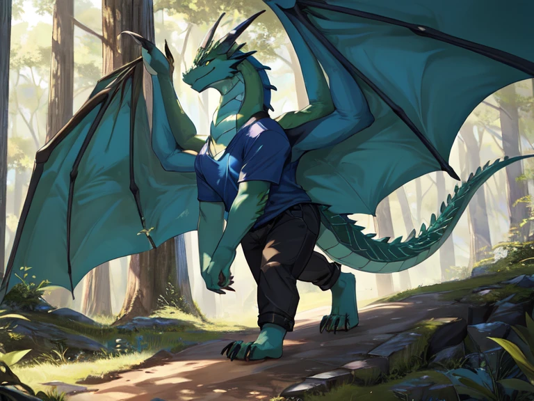 Masterpiece, best quality, feral, green dragon boy, wings, scales, looking at viewer,paws, claws, best quality, shaded, extreme detail, highly detailed, ultradetailed, wear blue tshirt and black pants, forest background, sunny day, walking