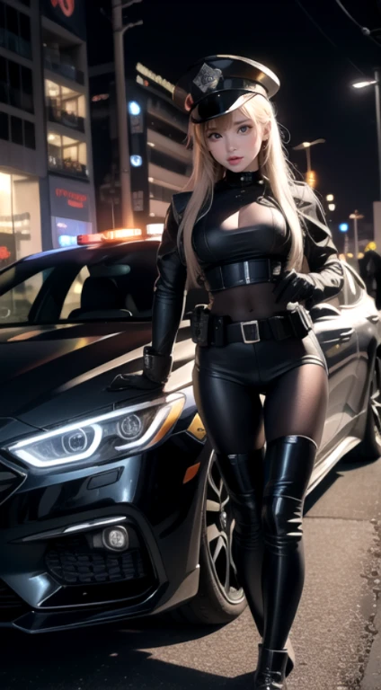 Highest image quality，excellent details，超A high resolution，Police of the future，She wears a futuristic SWAT uniform，She was standing in front of a police car，so sexy，Robust body，Sexy and durable，Detailed abs，Detailed muscle lines，dynamicposes，the night，Futuristic city street view background，neon light，sense of science and technology，FutureTech，Highly detailed cyberpunk style，Cyberpunk Personality，Highly detailed policeの制服，Highly detailed policeの帽子，Highly detailed police，Highly detailed policeバッジ，Highly detailed armband，Highly detailed policeストリップ，Highly detailed epaulettes，Wear a police hat，Highly detailed electric baton，Highly detailed guns，Guns of the future，intercom，Wireless Devices，Highly detailed handcuffs，Highly detailed police装備，Highly detailed police car，Police car of the future，frontage，Full body photo，Look from the bottom up，look from down, looking at viewert，mechs