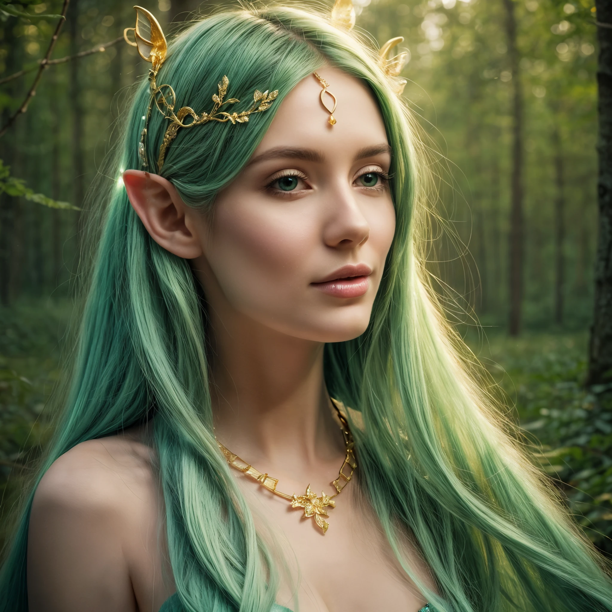 Mystical elf, enchanted forest, close-up revealing otherworldly charm, adorned with intricate gold and silver jewelry, jewels catching the light, light green hair flowing delicately, 1:1 format, soft ethereal glow, fantasy illustrator, detailed and ethereal digital illustration, close-up portrait, gold, silver, and light green color scheme, high-quality and detailed computer graphics, artistic and enchanting quality.