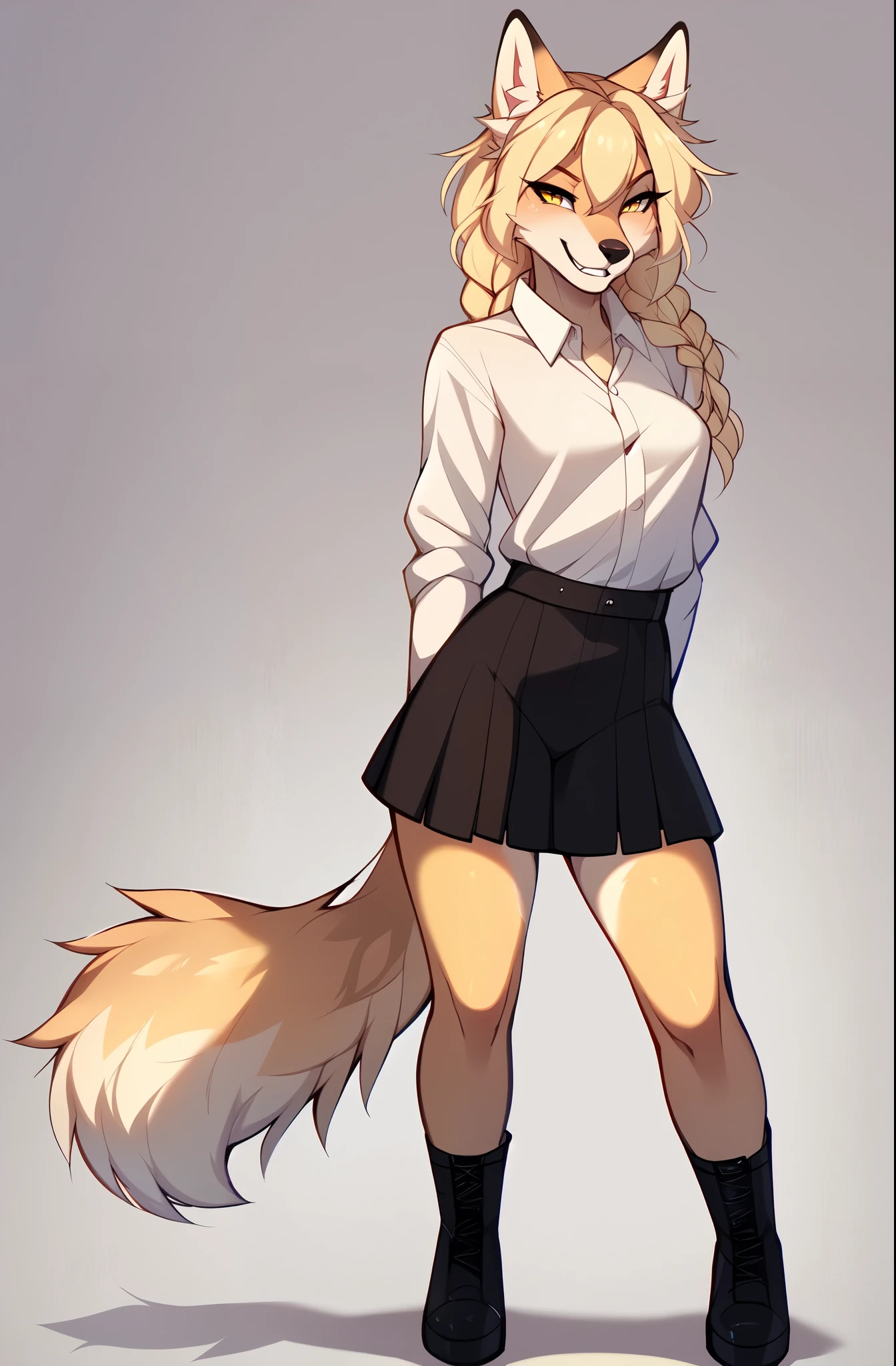 Kimiko, detailed yellow eyes, tan fox girl, white ear fluff, by hyattlen, by braeburned, by zaush, by fumiko, grinning, furrowed eyebrows, canine teeth,