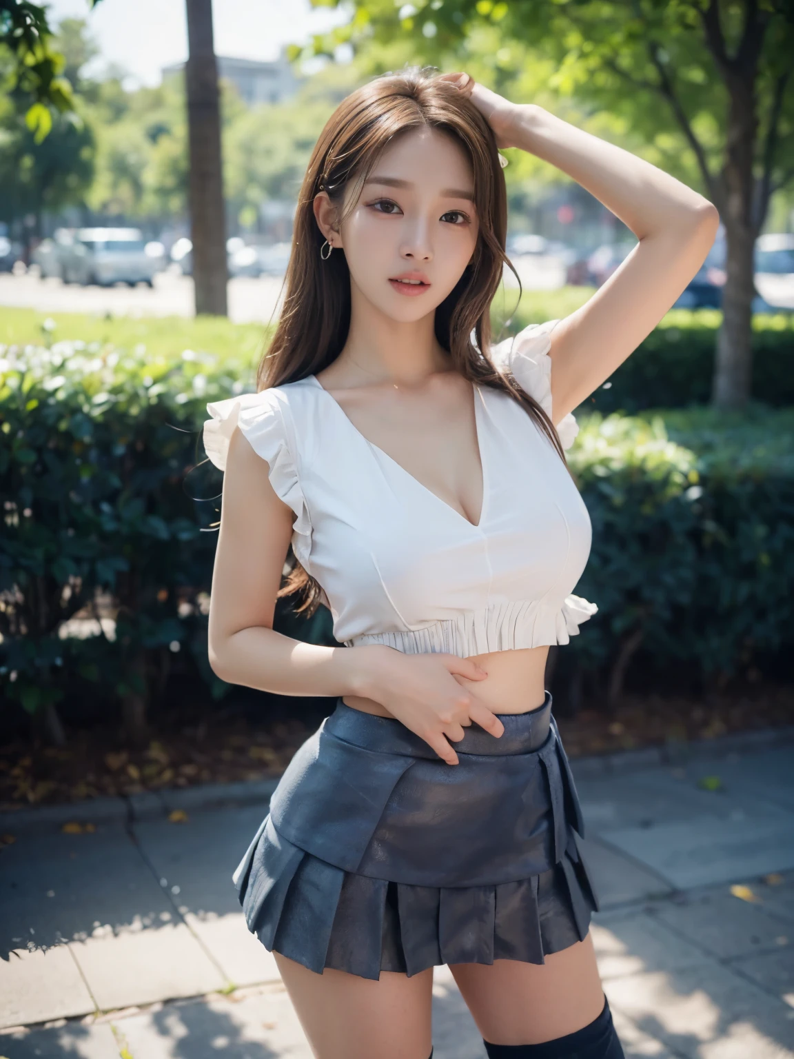 ((((top-quality))))、(((Ultra Precision CG16K Wallpapers)))、(((​masterpiece)))、(((ultra-detailliert)))、(((Ultra-extreme details)))、１Man Woman、Underage women、An 18-year-old woman、((Korean Face))、((extremely beautiful face))、((K-pop idol、WONYOUNG:1.5))、((Soft wave semi-long hair:1.3))、(shinny hair)、Bangs up to the eyebrows、Beautiful brown hair、Beautiful delicate eyes、Brown eyes、raised eyebrows、lofty nose、small nostrils、Small mouth、seductive lips、slightly open mouth、Beautiful breasts、C-cup size breasts、cleavage of the breast、Plump body、perfectly proportions、perfect anatomia、perfect-composition、beautiful detailed shading、Beautiful natural lighting、Beautiful detail glow、depth of fields、(((a high chroma)))、(((realisitic:1.9)))、((Vivid:1.4))、((Beautiful skin))、((Skin texture))、((realisiticな皮膚感))、(((Head-to-thigh shot:1.5)))、((Frontal angle:1.5))、((Surprised face with open mouth:1.3))、(Eyes looking at me)、Bright sunshine、(((standing in park:1.3)))、(standing pose)、(((Sleeveless blouse with frills、Navy blue pleated miniskirt:1.5)))、