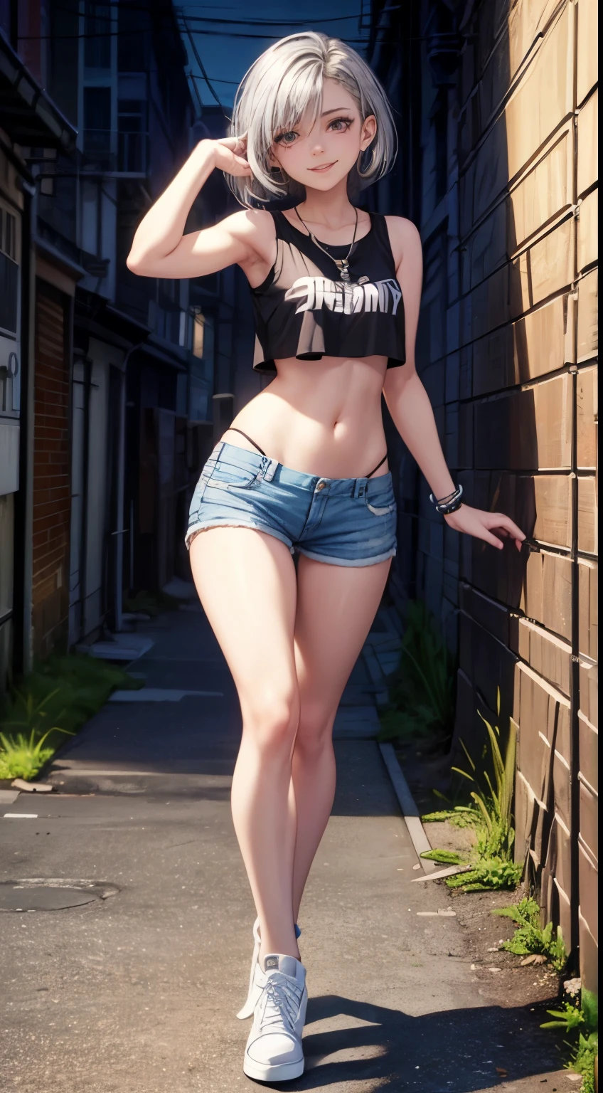 realistic photo, best possible quality, night, street with alley and graffiti on the walls, young woman, 20 years old, brunette with brown eyes, large hoop earrings, very short silver hair, perfect body, well-defined hips, small breasts, she wears a tight black mini blouse that defines her breasts well, belly showing, navel piercing, short shorts camouflaged like an army, White sneakers, smile and mischievous look, makeup