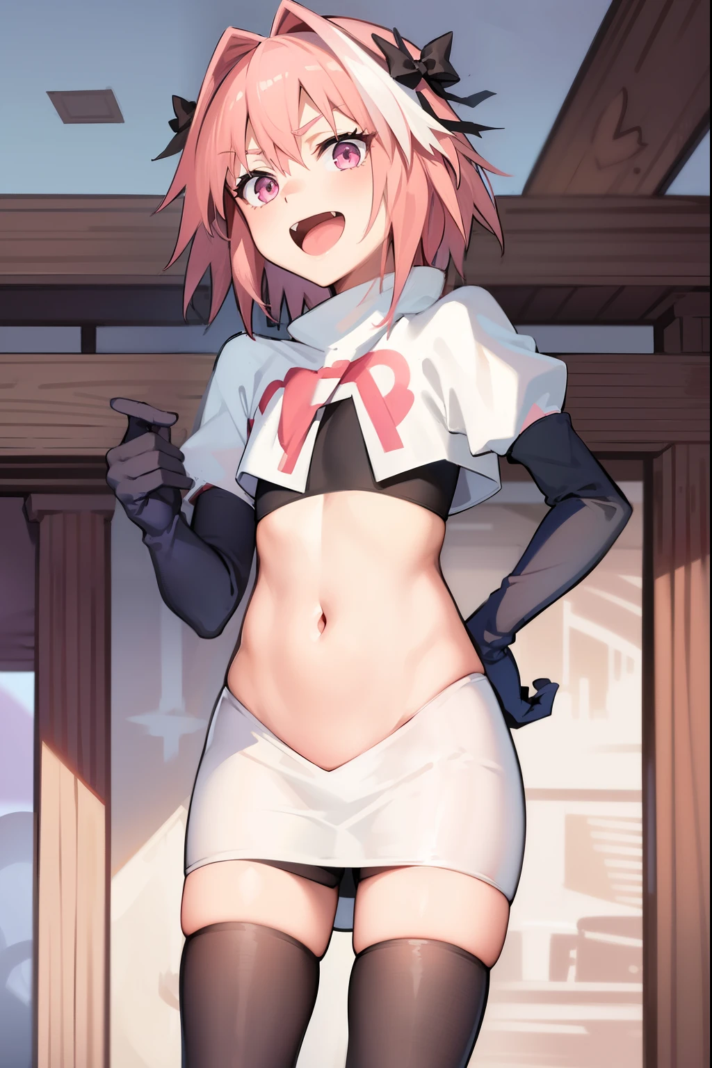 absurdres, masterpiece, best quality, (astolfo fate:1.2155), 1boy, male focus, trap, pink multicolored hair, pink hair, white hair, hair intakes, long hair, pink detailed eyes, crossdressing,1boy, team rocket,team rocket uniform, red letter R, white skirt,white crop top,black thigh-highs,black elbow gloves