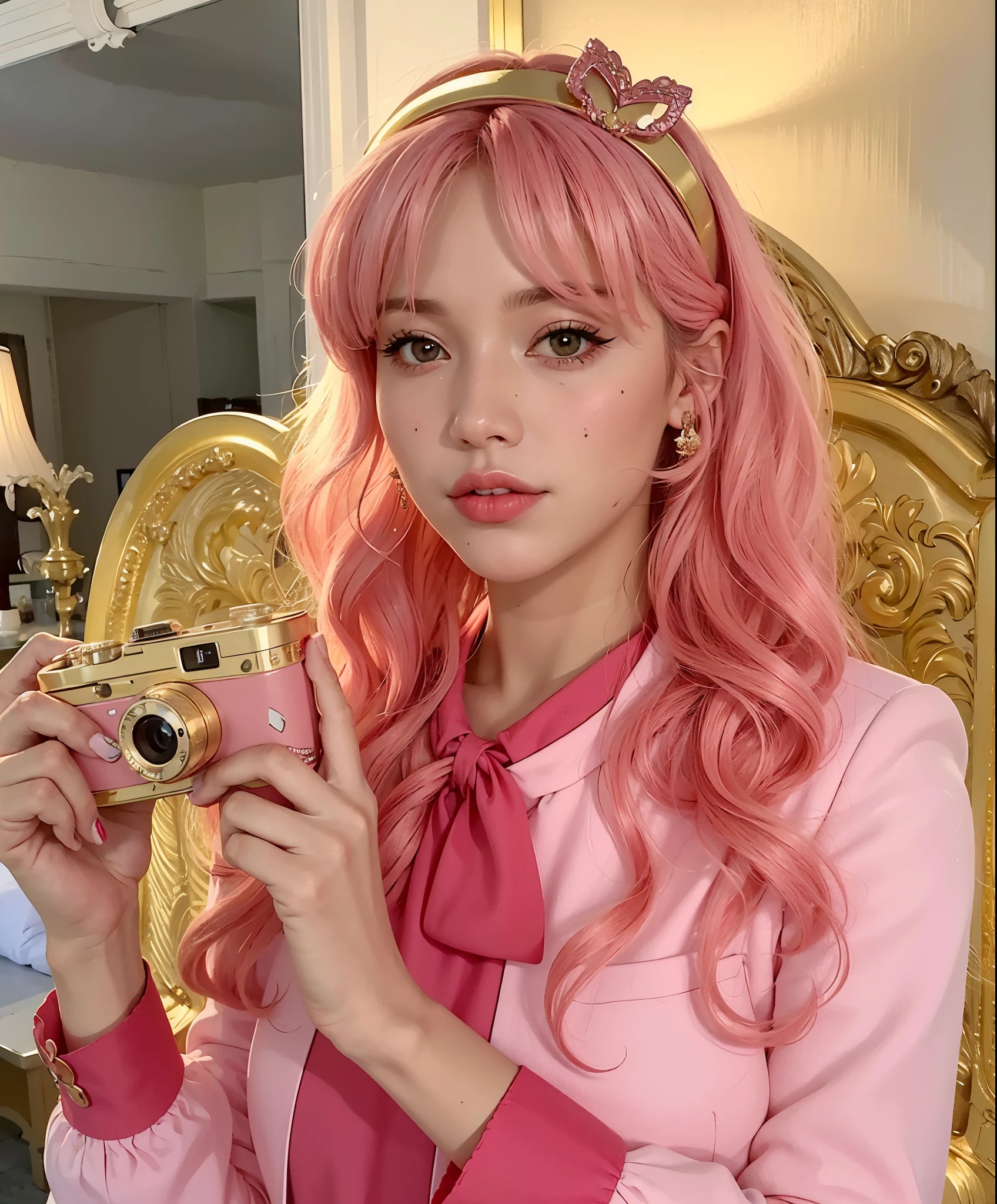 araffe con cabello rosado holding a camera and a gold purse, inspirado por David LaChapelle, Hermosa Delphine, inspirado en Ivana Kobilca, long cabello rosado que fluye, Cara como Ester Exposito, Cabello rosa tenue, con cabello rosado, cabello rosado que fluye, inspirado en Pia Fries, inspirado por Marie Angel, 🎀 🧟 🍓 🧚