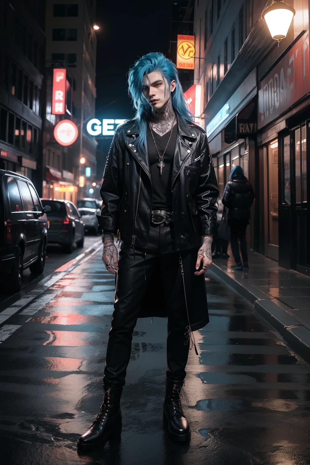Gothic man, handsome, punk style, long hair, tattoos, full body, on a night background with neon lights, 18 years old, blue hair