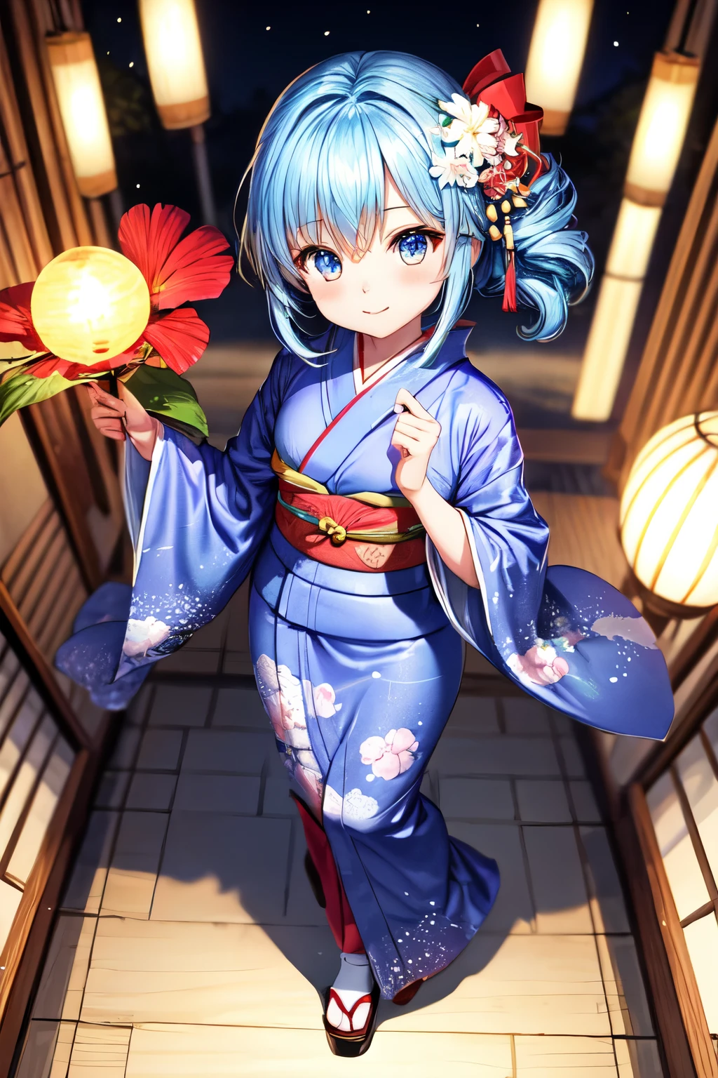 Chibi Chara　lightblue hair　Heart in the eye　long　anime portrait　full body Esbian　January　Furisode　kimono　Kite flying