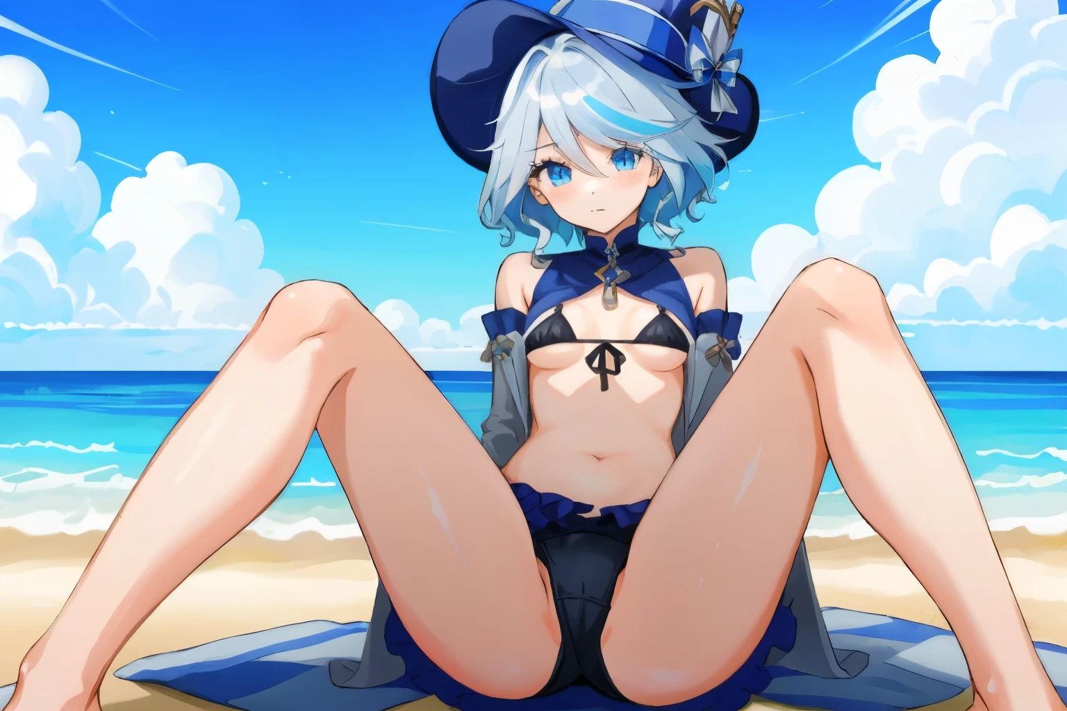 masterpiece, best quality,
1girl, furina (genshin impact), hat, blue eyes, silver hair, solo,bangs, bikini, cute, unbottoned, (((small breasts))), ((pov panties)), beach, legs, panties, ass, sitting