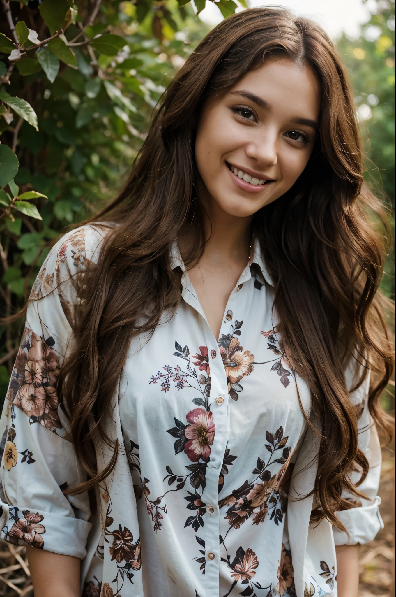 a brown 25 year old beautiful model, wearing floral shirt, smiling in a nature, long curly brown hairs, brown eyes, happy face, realistic photography