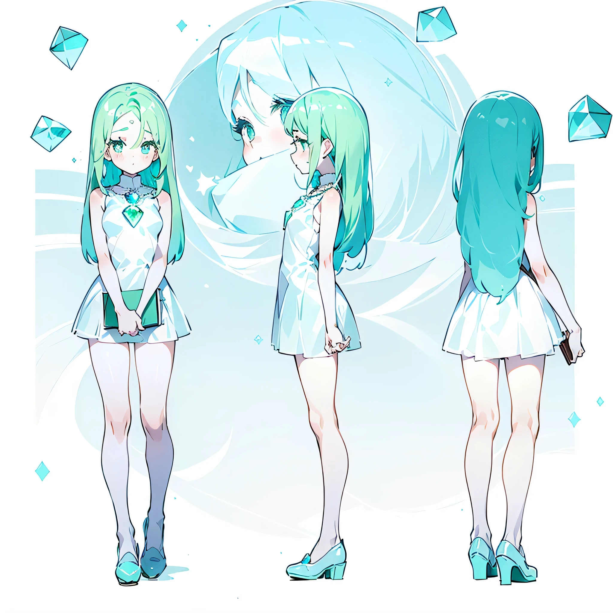 one-girl，Gem green hair and eyes，Three View，White sleeveless short dress，There is a large blue gemstone necklace on the chest，hand holding a blue book，with fair skin，There is a blush on the face，blue round leather shoes，Anime effects，tmasterpiece，extremly high detail，with a pure white background