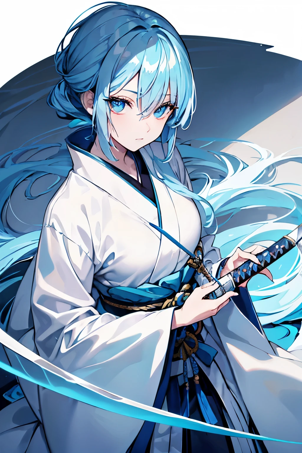 blue hairs　blue eyess　T back　Hold a Japanese sword on your back　Rear view　crouching down　​masterpiece　Top image quality　denoise　Clear 　cinematic shadow　Increased attractiveness of the eyes　Clear the shine of the eyes　Draw eyelashes neatly　Perfect Eye　A detailed eye　Sharpen image quality　Sharpen eye writing　Clear eye shape