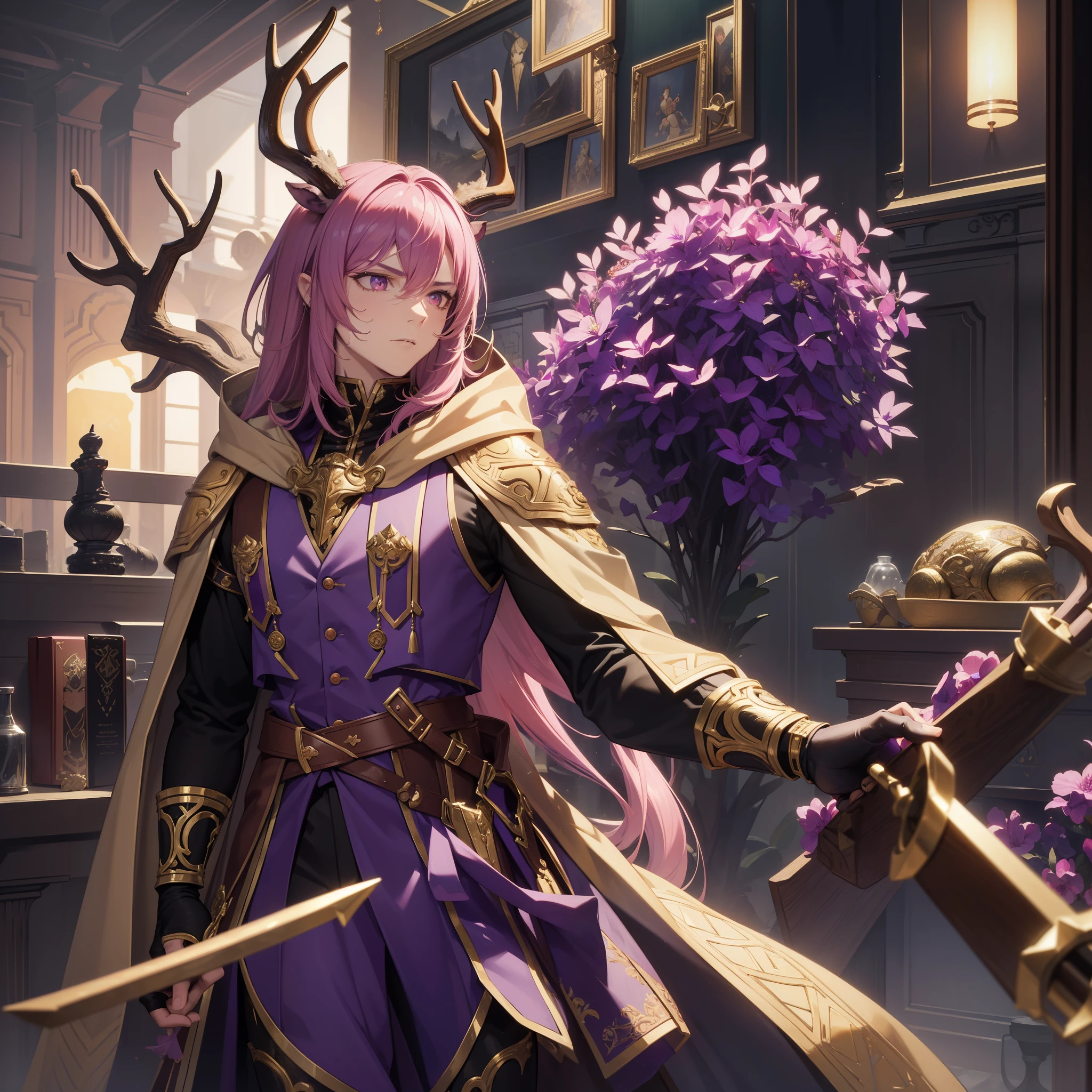 (Best quality), (masterpiece), (ultra detailed), (masterpiece), (ultra detailed), ((1male)), male focus, solo, Satyr, ((deer antlers)), beautiful, handsome, black fur, dark theme, ((pink hair)), ((chestwear:(vest:purple))), (handwear:(fingerless_gloves))), bard, mature, young 20s, bold expression, fierce, determined gaze, satyr anthro, full body, beautiful, smooth skin, physically fit, armored, wearing a breastplate, gold trimmed armor, wearing a cloak, dressed in robes, has a hood on, combat, ready to fight, holding_lute, has a lute, stringed instrument, academy