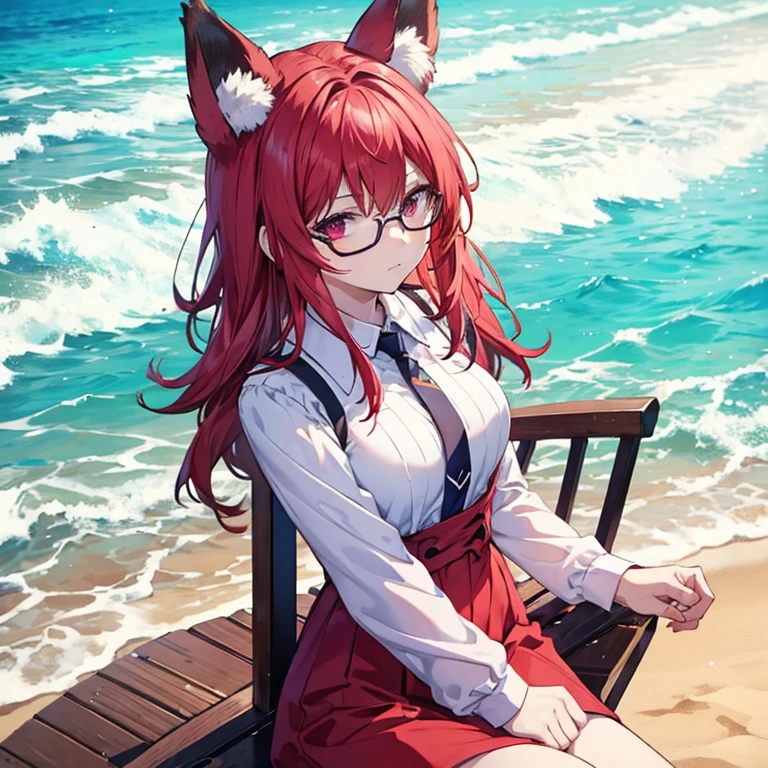 create a vtuber character, woman with blue curly hair, red eyes while wearing glasses, having fox ears on top of her head, white clothes sitting on a beach chair in the sand