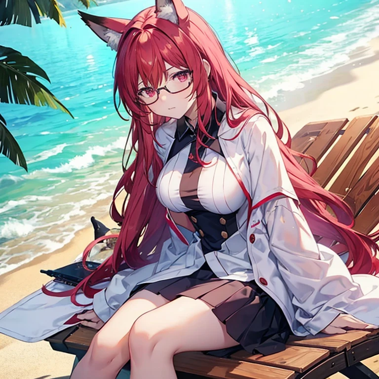 create a vtuber character, woman with blue curly hair, red eyes while wearing glasses, having fox ears on top of her head, white clothes sitting on a beach chair in the sand