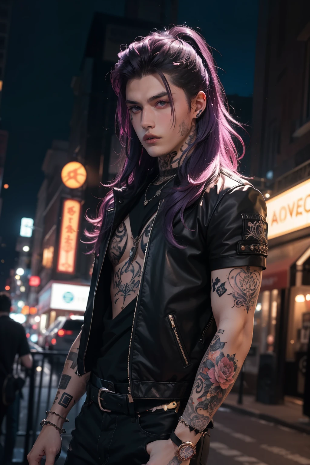 Gothic man, handsome, punk style, long hair, tattoos,  on a night background with neon lights, 18 years old, Violet hair, male, tattoos